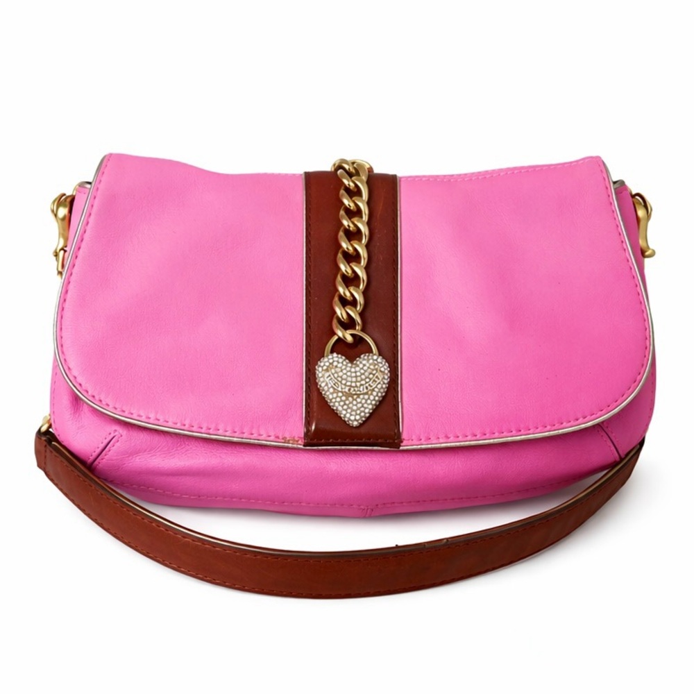 Y2K Juicy Couture Barbie Pink Leather Flap Shoulder Bag with Crystal Heart - Picture 2 of 11